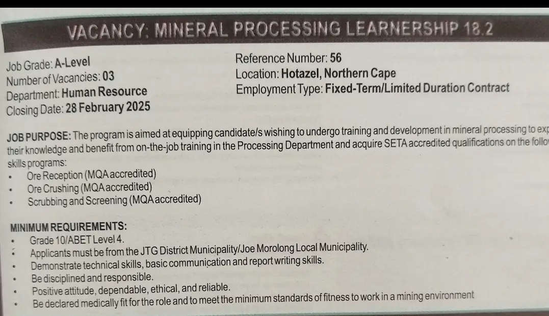 UMK MINERAL PROCESSING LEARNERSHIP 2025